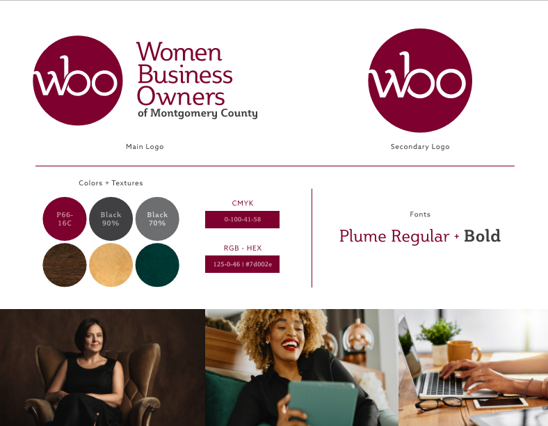 Women Business Owners (WBO) Spark Board, highlighting the look and feel of the new brand identity, courtesy of Spark and Buzz Communications. 